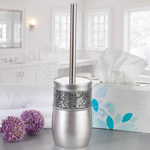 Creative Scents Crackled Glass Toilet Brush with Holder - Silver Toilet Bowl Cleaner Brush and Holder - Good Grip, Deep