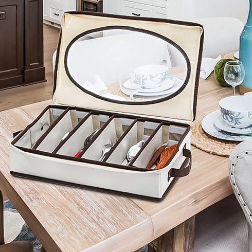 Flatware Utensil Storage Case Box, 6 Adjustable Compartment Organizer with Zipper Lid and Handles for Spoon, Fork,