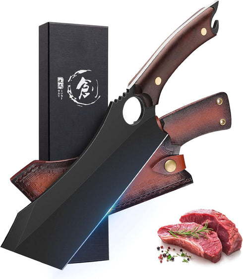 Dream Reach 6.9 Inch Black Meat Cleaver, High Carbon Steel Boning Knife with Sheath Gift Box and Bottle Opener