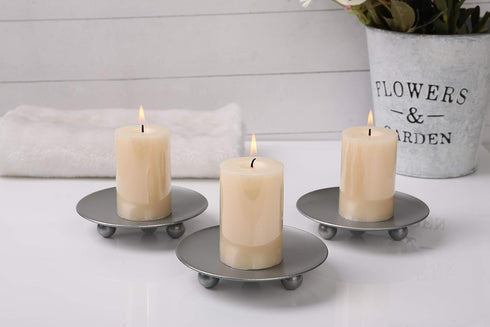 Scwhousi Silver Iron Plate Candle Holder Set, Decorative Iron Pillar Candle Holders for Wax Candles