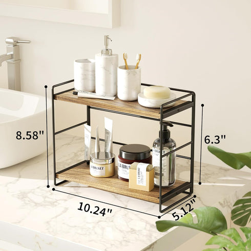 SRIWATANA Bathroom Countertop Organizer Set of 2, Kitchen Counter Shelf Spice Rack for Desktop Storage, Large Wood