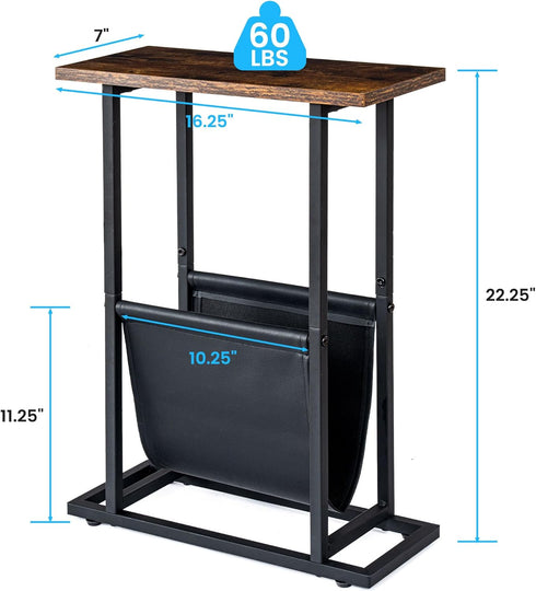 FLYJOE Narrow Side Table with PU Leather Magazine Holder Rustic Slim Little Thin Table for Living Room, Bedroom, Sofa