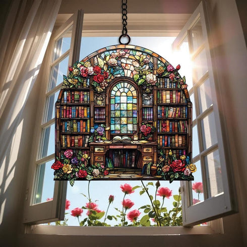 OrchidStudio Library Bookshelf Acrylic Suncatcher Window Hanging Faux Stained Glass Book Lover Gift