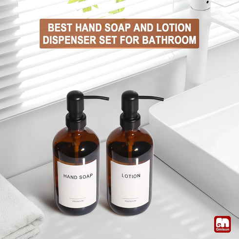 GMISUN Amber Glass Soap Dispenser - 2 Pack Bathroom Hand Soap Dispensers with Stainless Steel Pump, 17 Fl Oz