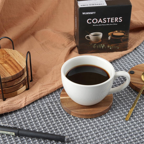 Set 6, 4 Inch WLWNWFT Wood Coasters for Drinks Tabletop Protection with Holder of Acacia Wooden Coaster for Coffee