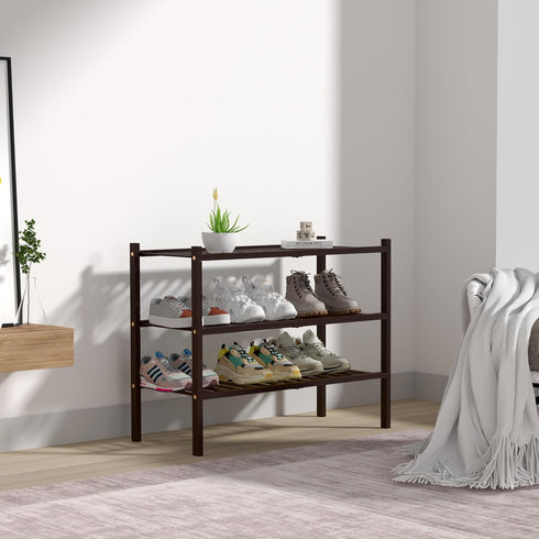 ROMGUAR CRAFT 3 Closet 27"x11"x20" Tier Bamboo Shoe Rack for Free Standing Wood Shoe Shelf for Entryway Small Space