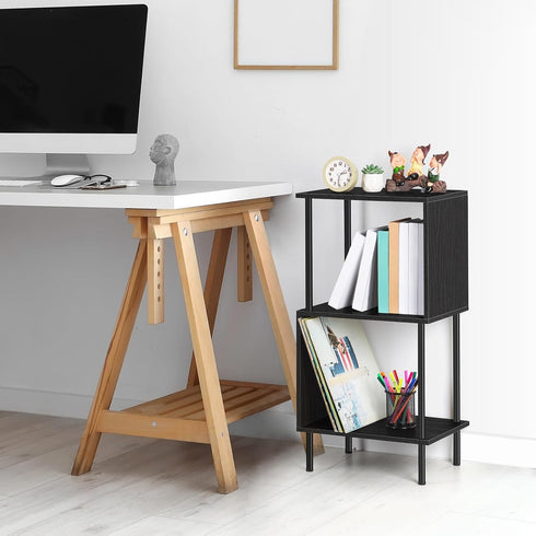 3-Tier ETELI Side Table Small Tall S-Shaped End Table with Open Book Shelf Industrial Black S-Shaped Bookcase Bedside