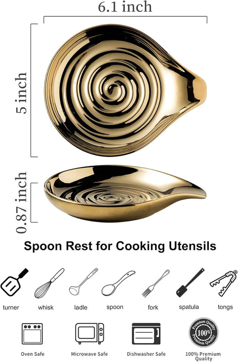 LAUCHUH Spoon Rest for Stove Top, Ceramic Spoon Holder for Kitchen Countertop Large Utensil Rest for Spatula, Spoons or Tong, Ladle, Fork, Mother's Day Gifts, 5 inch, Gold