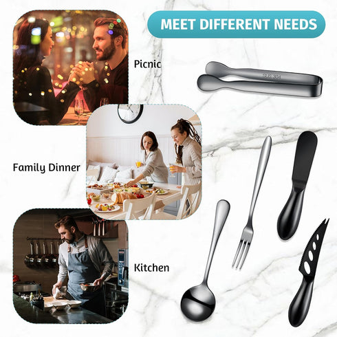Charcuterie Board Accessories 18 Pieces - Cheese Spreader Knife Set, Mini Serving Tongs, Spoons, Forks (Black)