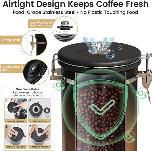Tea,Flour,Cereal,Sugar,22OZ,Copper Veken Coffee Canister with Window,Airtight Stainless Steel Kitchen Food Storage