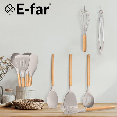 E-far Silicone Cooking Utensils Set, 10-Piece Heat Resistant Kitchen Tools with Wooden Handle