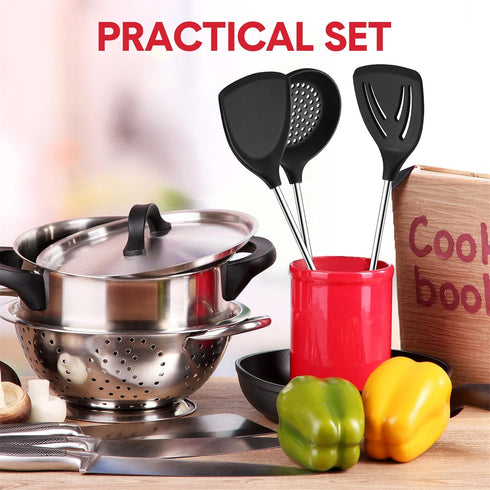 3 Pieces Silicone Stainless Steel Turner Spatula Set, Flexible Wok Spatula, Slotted Spoon for Nonstick Cooking