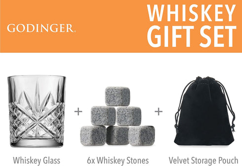 Godinger Whiskey Glass and Stones Gift Set, Includes Old Fashioned Whiskey Glasses, 6 Whiskey Rocks Chilling Stones and