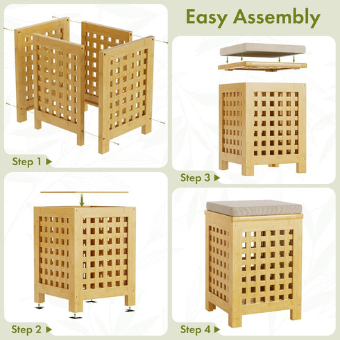 2-in-1 Bamboo End Table with Removable Cushion and Hidden Storage, Ottoman Side Table with Breathable Grid Design