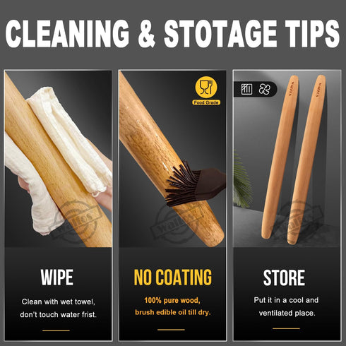 WALFOS French Rolling Pin and Silicone Baking Mat Set - Non-Stick Beech Wood Rolling Pin 15.7 Inch for Baking