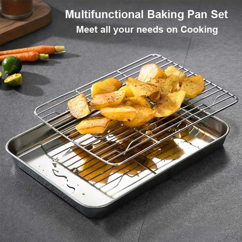 Wildone Baking Sheet with Rack Set, 10 x 8 x 1 Inch - Stainless Steel Cookie Pan with 2 Racks, Heavy Duty