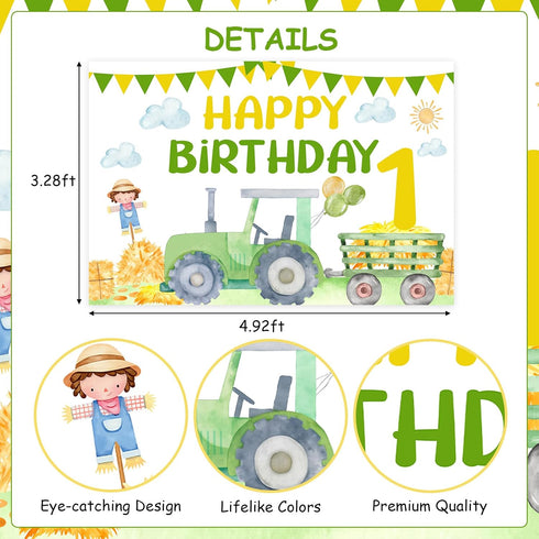 TWO WILD 1st Tractor Birthday Decorations for Boy Green Tractor Banner Backdrop High Chair Banner Cake Toppers Tractor
