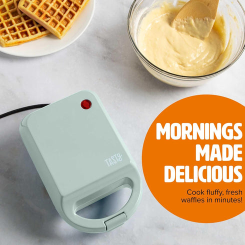 Tasty Mini Nonstick Waffle Maker, Perfect for Individual Waffles, Hash Browns, Brownies and more, Quick Results, Easy Clean Up, 600W, Aqua by Tasty
