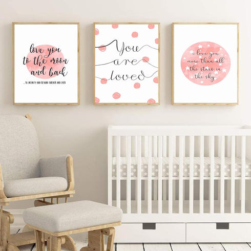 PUYIQARE (16x24inchx3 I Love You To The Moon And Back Wall Art prints Pictures Pink Moon Posters Canvas Painting