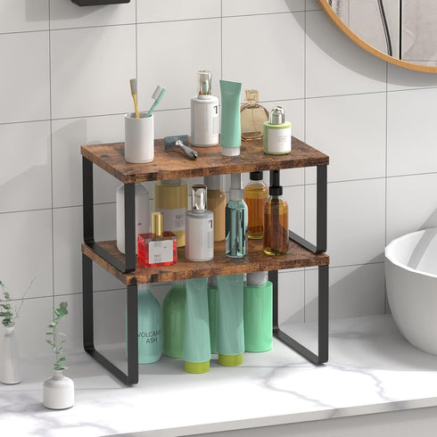Set of 4 Stackable Counter Shelves, Wood Organizer for Kitchen and Bathroom, Expandable Countertop Racks, Brown