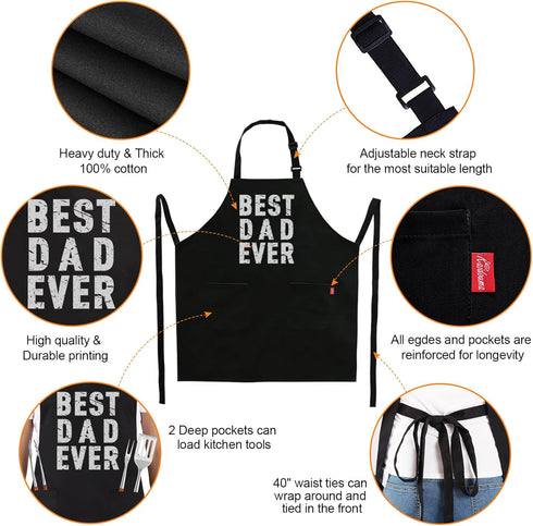 BBQ Funny Apron for Men - Best Dad Ever Chef Bib with 2 Pockets, Adjustable Neck Strap, Black