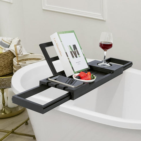 Utoplike Bamboo Bathtub Tray, Adjustable Bath Caddy Table for Tub, Bathroom Organizer with Book, Tablet, Wine Glass