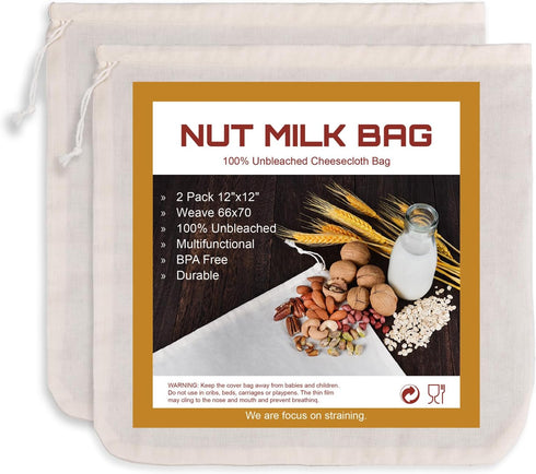 SANTOW Nut Milk Bag, Natural Cheesecloth Bag, 2 Pack 12"x12" 100% Unbleached Cotton