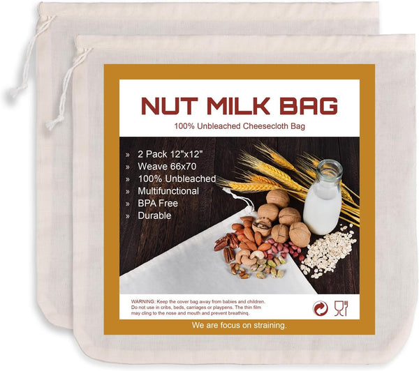 SANTOW Nut Milk Bag, Natural Cheesecloth Bag, 2 Pack 12"x12" 100% Unbleached Cotton