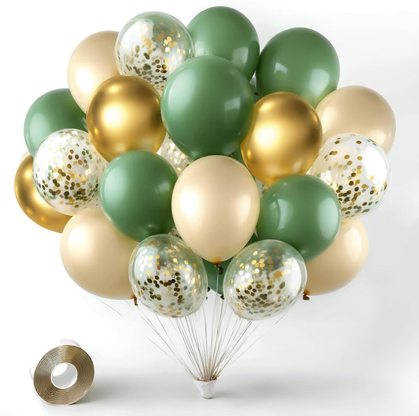 Sage Green Gold Confetti Balloons, 50 pcs Olive Green Blush Gold Metallic Latex Balloons for Party Decorations
