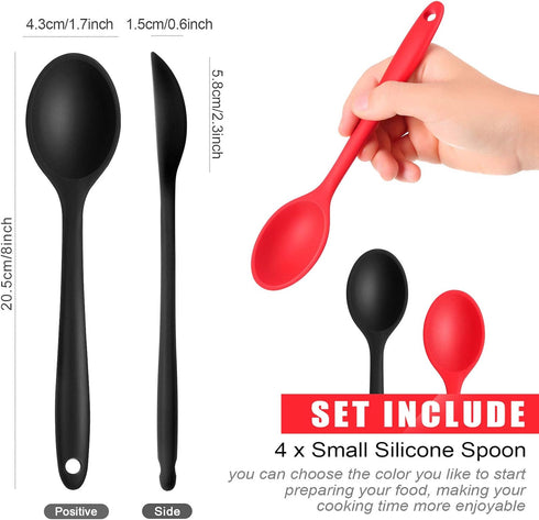 Patelai 4 Pieces Small Multicolored Silicone Spoons Nonstick Kitchen Spoon Silicone Serving Spoon Stirring Spoon for Kitchen Cooking Baking Stirring Mixing Tools (Red, Black)