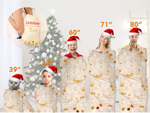 71in 2.0 LetsFunny Burrito Tortilla Throw Blanket, Giant Funny Realistic Food Blanket, Double Sided Taco Tortilla Wrap