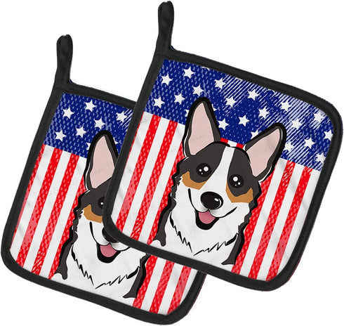 Caroline's Treasures BB2185PTHD American Flag and Tricolor Corgi Pair of Pot Holders, Kitchen Heat Resistant, 7 1/2 x 7