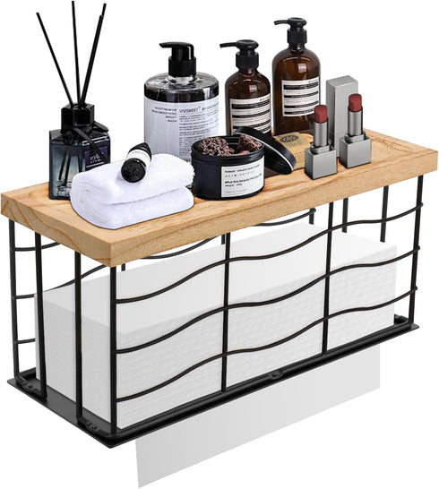 Metal Paper Towel Dispenser with Wood Lid, Wall Mounted & Countertop Tri-Fold Napkin Holder for Home Bathroom Kitchen
