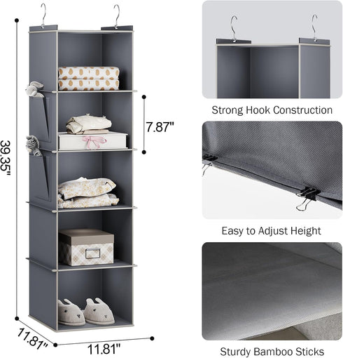 Hanging Closet Organizer, 5-Shelf Closet Hanging Storage Shelves in Grey
