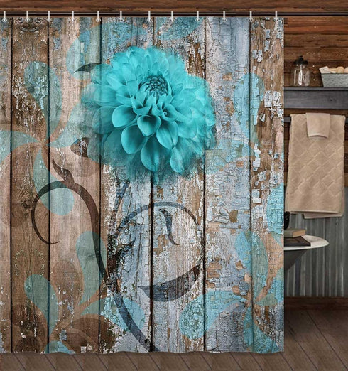 JAWO Teal Dahlia Shower Curtain Set with 12 Hooks - Dahlia Flower on Rustic Wooden Plank Country Style, Waterproof Bath