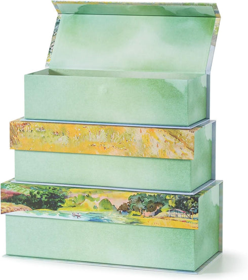 Serene Decorative Storage Boxes with Lids - Set of 3 Airy Floral Memory Keepsake Boxes with Magnetic Closure for