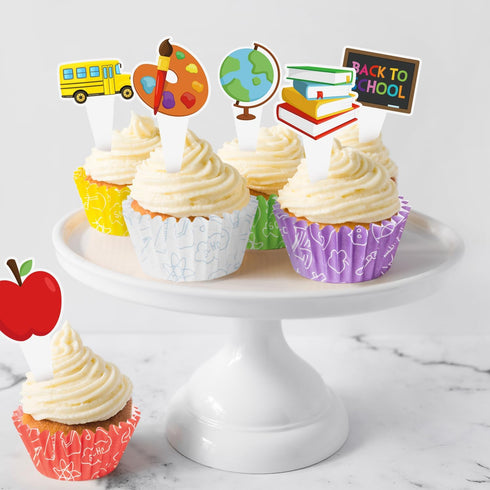 300pcs Back to School Cupcake Liners, Mini Cake Baking Cups with Toppers for First Day of School (6 Styles).