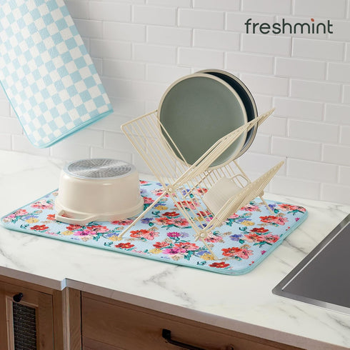 FRESHMINT Printed Dish Drying Mats for Kitchen Counter, 2 Pack Absorbent Reversible Drying Mats
