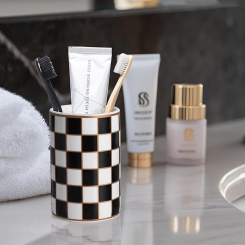countertop Checkered Bathroom Toothbrush Holder, Bathroom Black and White Ceramic Toothbrush Holder, Modern Toothbrush