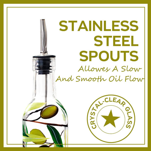 17oz 500ml (olive1) Hand Painted Glass Olive Oil Bottle Dispenser- Green Oil & Vinegar Cruet with Pourers - Olive Oil