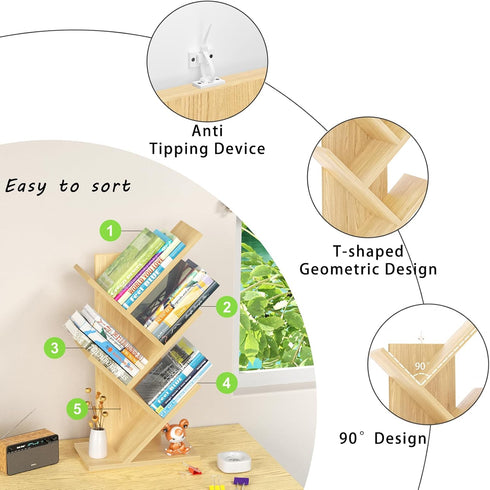 5 SHEEPAM Tier Tree Book Shelf, Small Desktop Bookshelf with Storage Organizer, Wood Bookcase, Desk Display