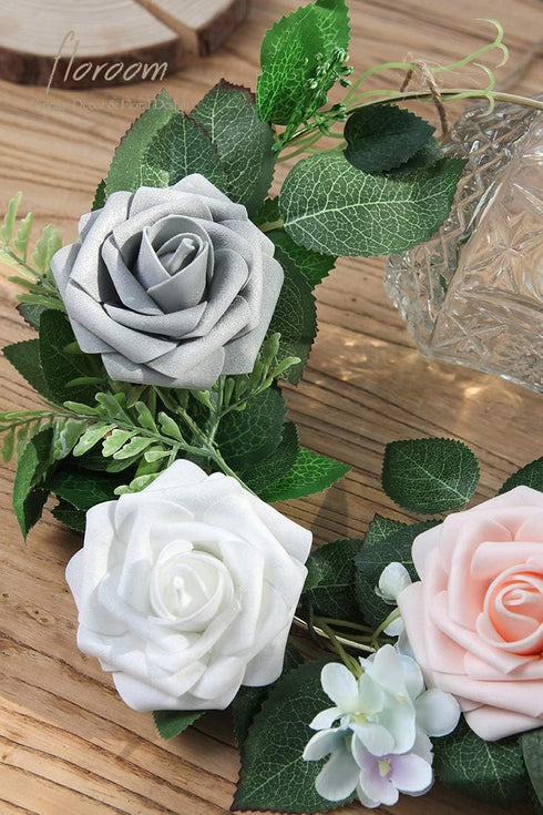 Floroom Artificial Flowers 25pcs Real Looking White Foam Fake Roses with Stems for DIY Wedding Bouquets