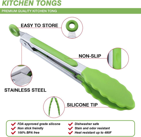 MSY BIGSUNNY Kitchen Food Tongs | 7" Mini Silicone Serving Tongs | Set of 6 in Purple, Red, Orange, Green, Yellow, Blue