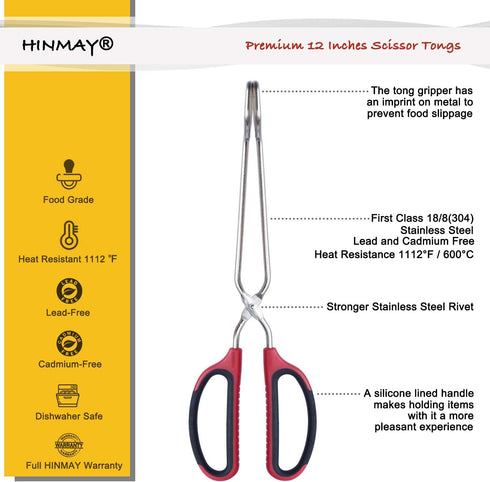 12-Inch Stainless Steel Scissor Tongs with Comfort-Grip Handle