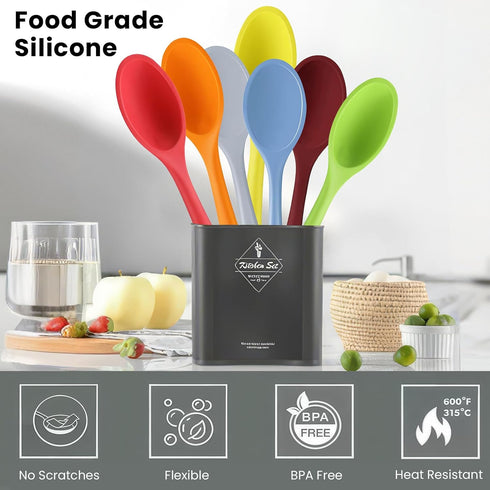 GEEKHOM 4 Pieces Silicone Spoons, Large Heat Resistant Kitchen Utensils, Non-stick Stirring Spoons for Cooking & Baking