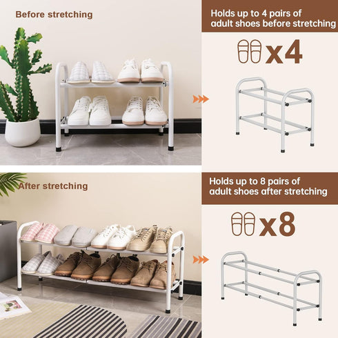 Adjustable 2-Tier Expandable Shoe Rack, Heavy Duty Metal Free Standing Storage Organizer for Entryway Closet