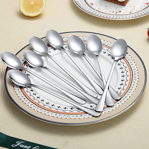 Long Handle Spoon Set of 8, Premium Stainless Steel Coffee Stirrers, Ice Cream, Cocktail, Tea Spoons, Silver