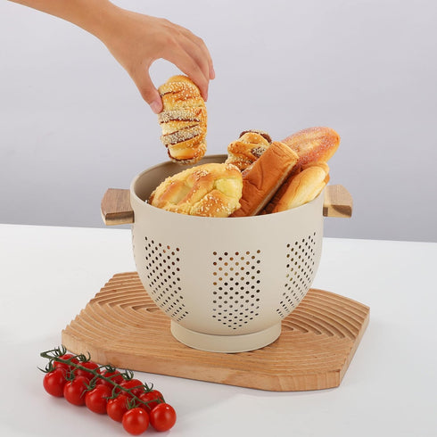 Metal Colander with Wood Handle, 5.5 Quart Powder Coated Steel Kitchen Strainer, Stable Base, Sand Yellow