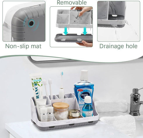 Marble Bathroom Countertop Organizer - Detachable 7 Slots for Kids Electric Toothbrush and Toothpaste Holder, Grey
