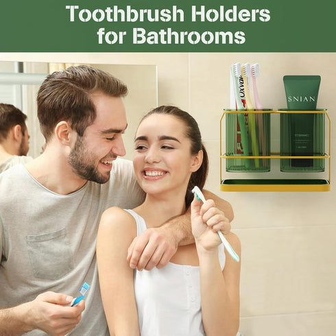 Countertop 2 Toothbrush Holders, Wall Mounted Electric Tooth Brush Toothpaste Holder for Bathroom with Hook, Cups